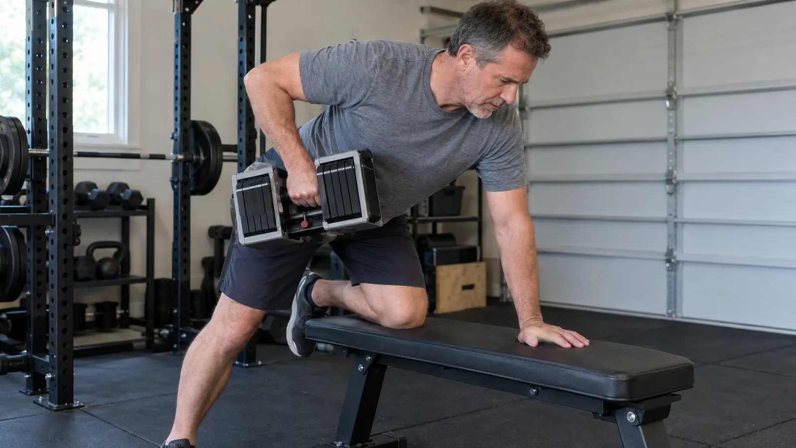 A man in his fifties doing a standing curl with an adjustable dumbbell on a rubber mat in a home garage