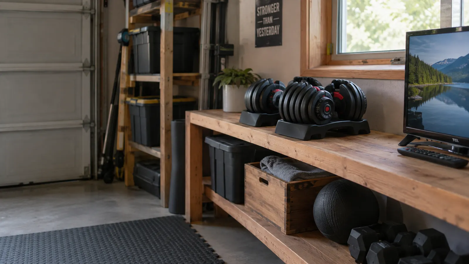 A pair of adjustable dumbbells on a wooden shelf next to a small TV in a home garage gym
