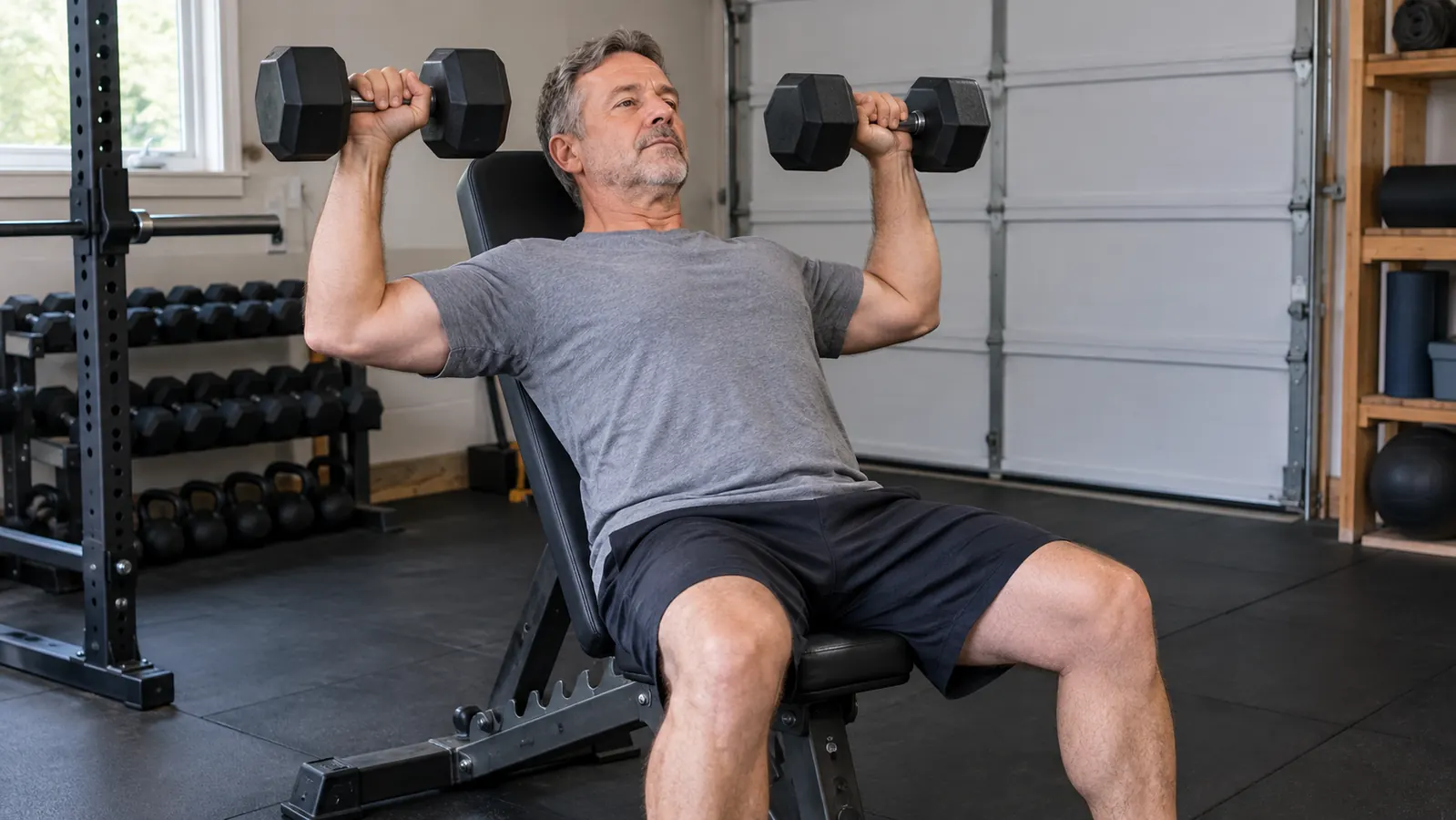 A man in his fifties doing a seated dumbbell press on an adjustable weight bench set to an incline
