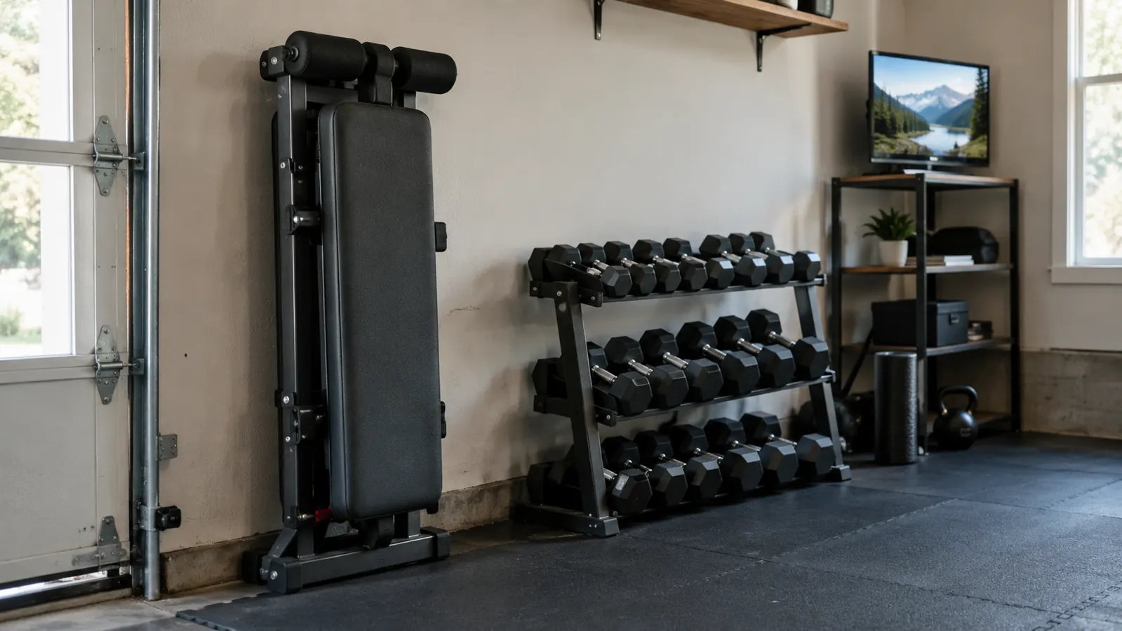 A weight bench folded upright and leaned against a garage wall next to a shelf of dumbbells