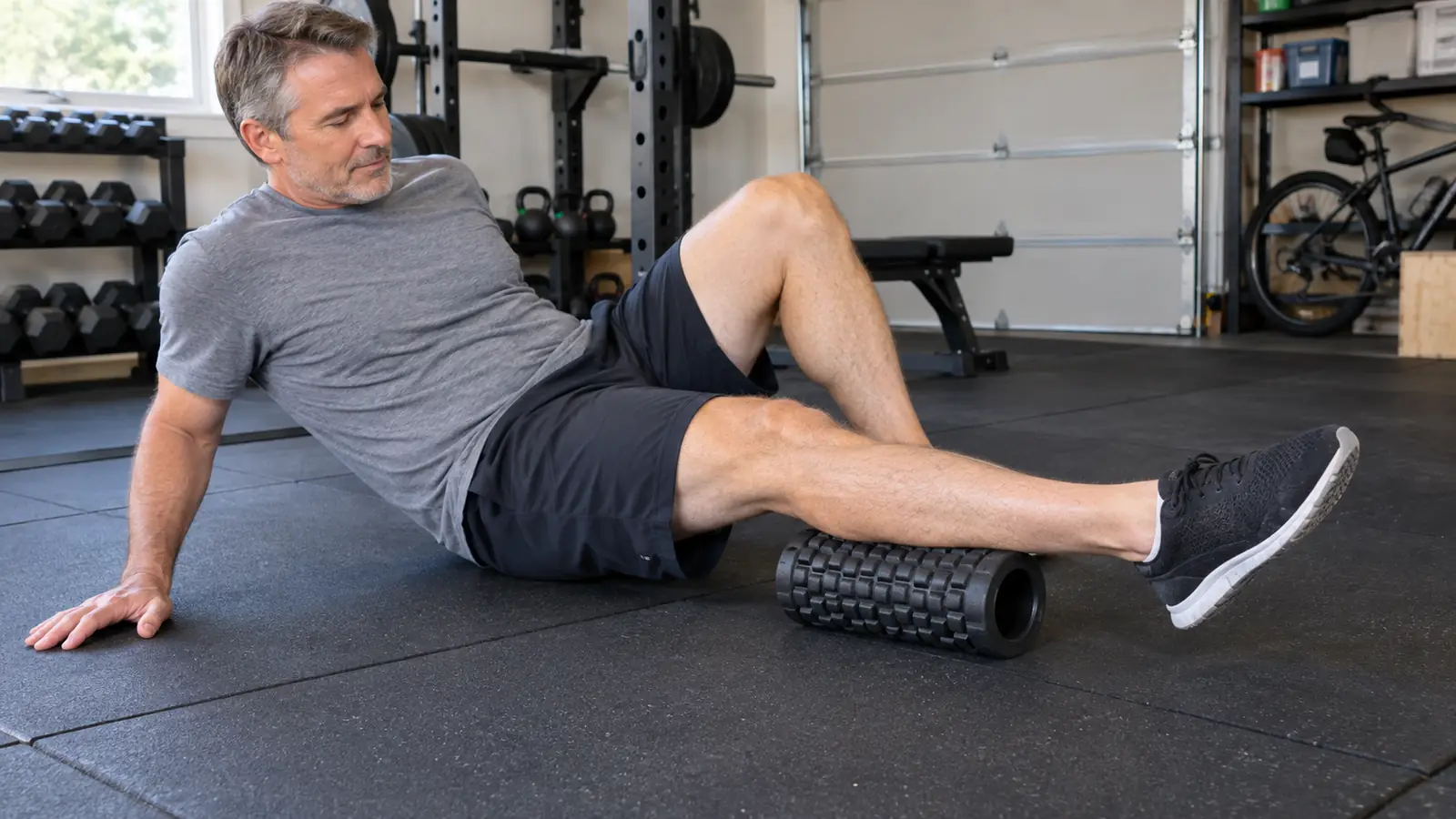 A hand pressing a foam roller against the front of a thigh while a person sits on a rubber stall mat in a garage