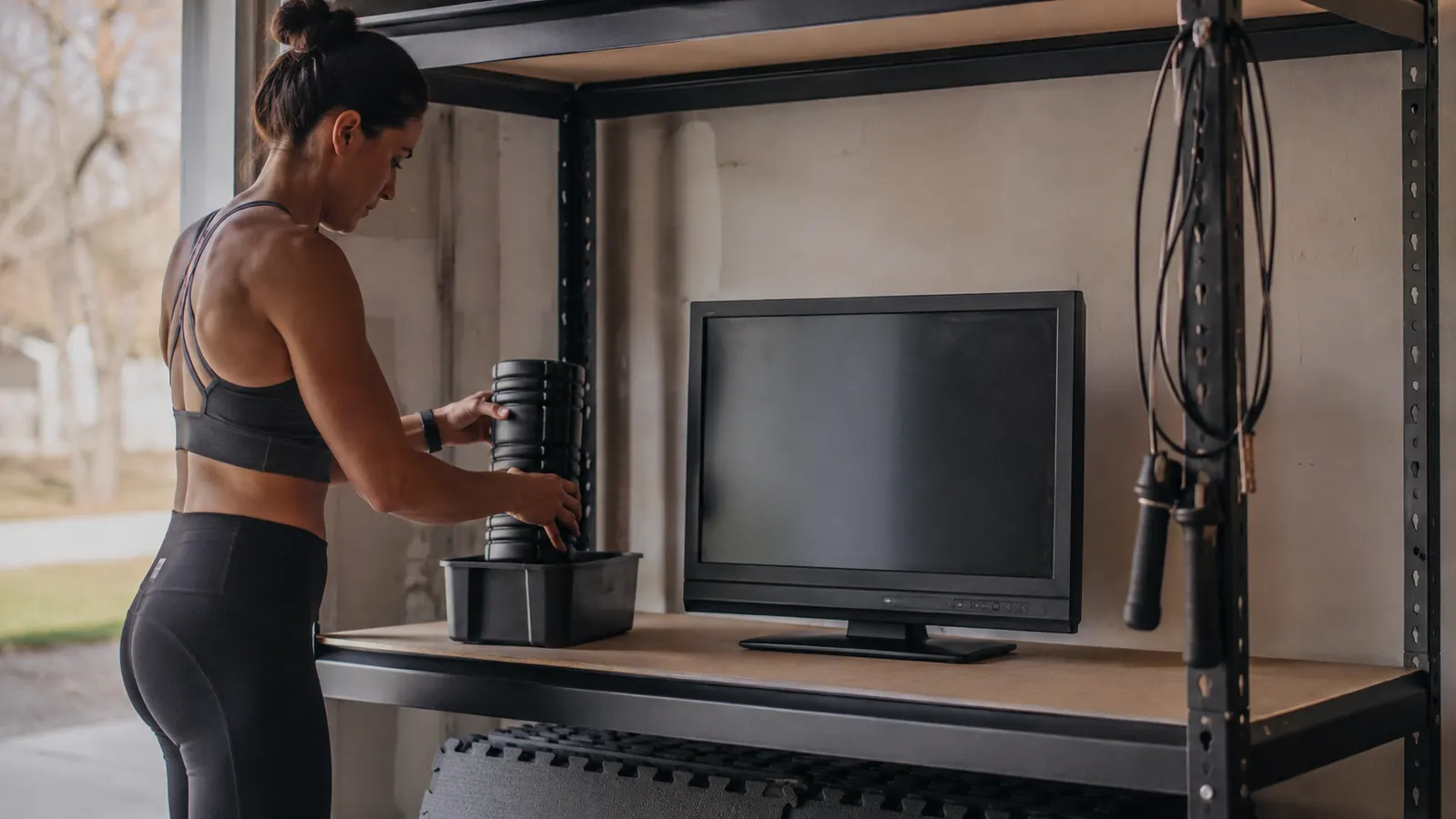 A foam roller standing upright in a small plastic bin on a garage shelf next to a jump rope and a small TV
