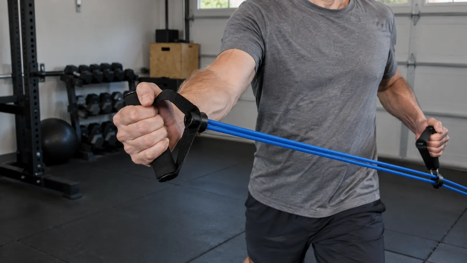 A hand holding a padded resistance band handle with the tube stretched, in a home garage