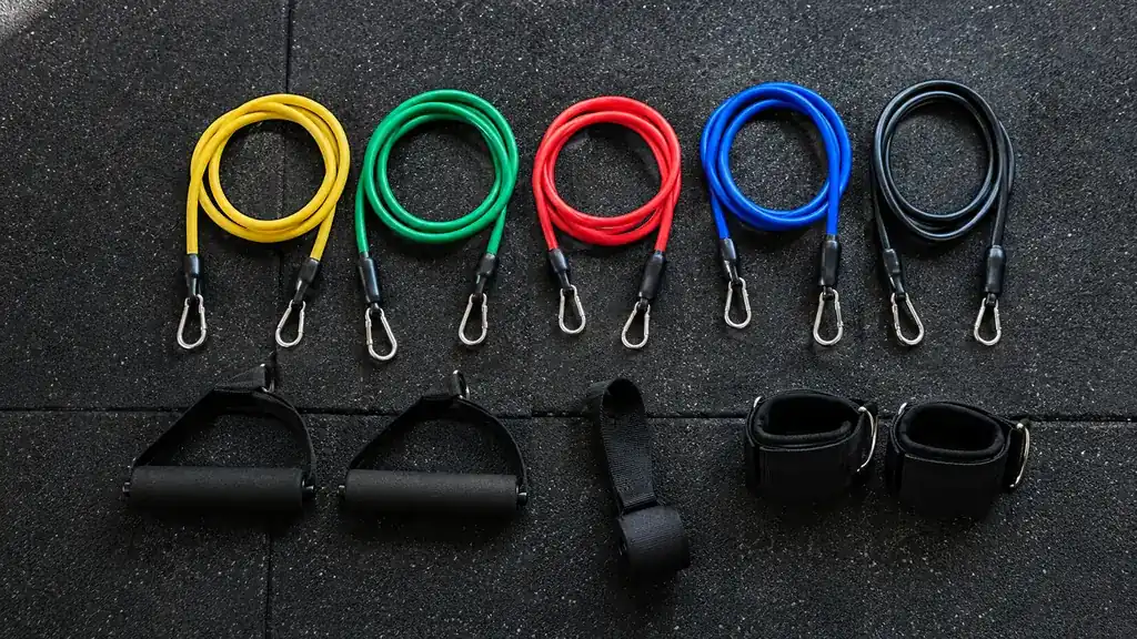 A resistance band set with five tubes, two handles, a door anchor, and ankle straps laid out on a garage floor