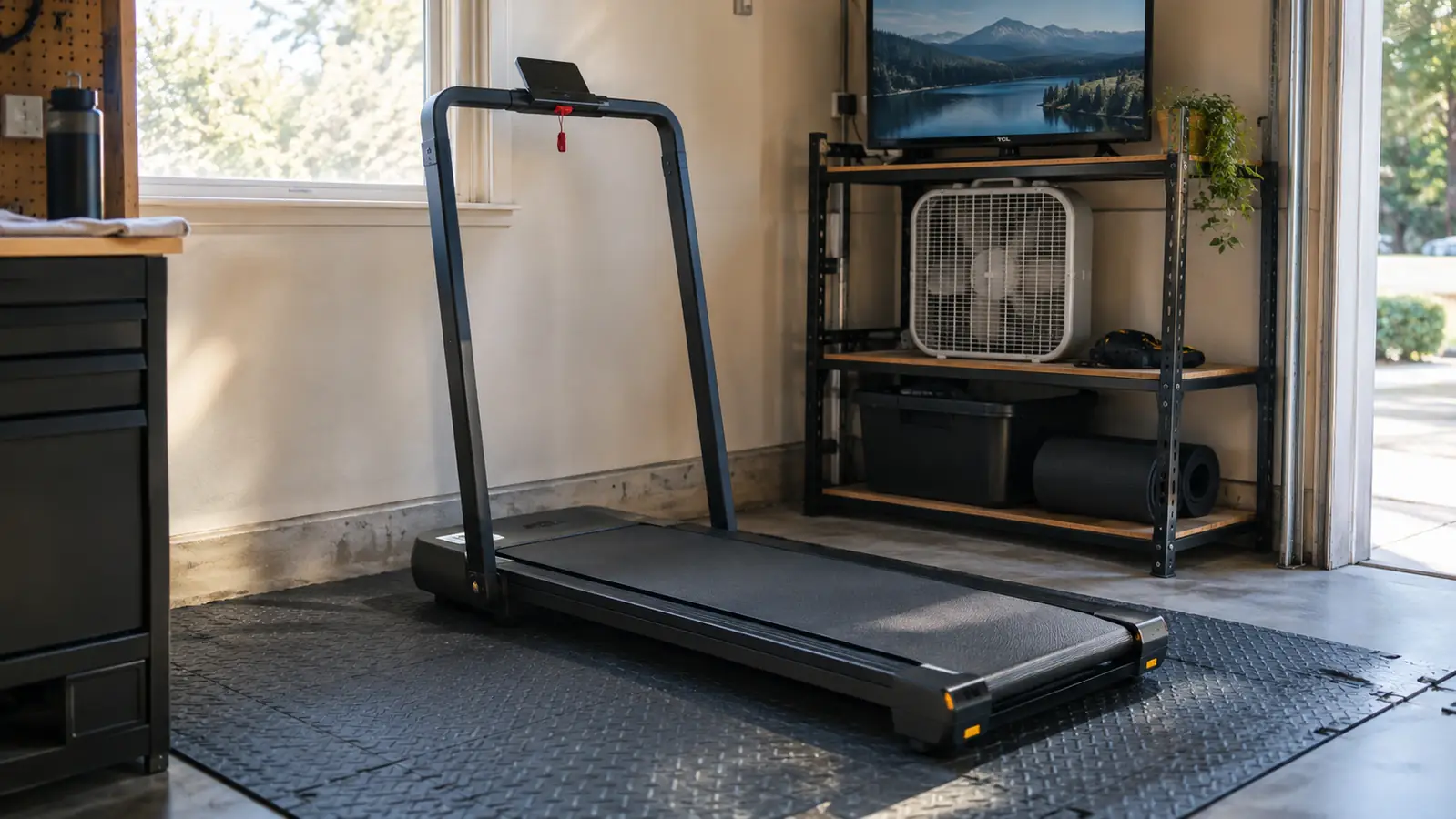 The walking pad treadmill at rest on rubber stall mats in the corner of a home garage
