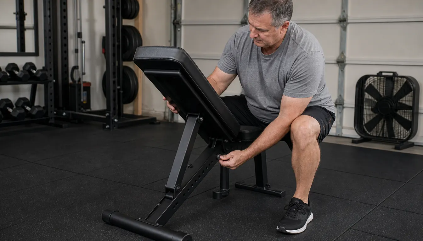 A man in his fifties adjusting the backrest angle of a weight bench in a garage gym, one hand on the adjustment pin
