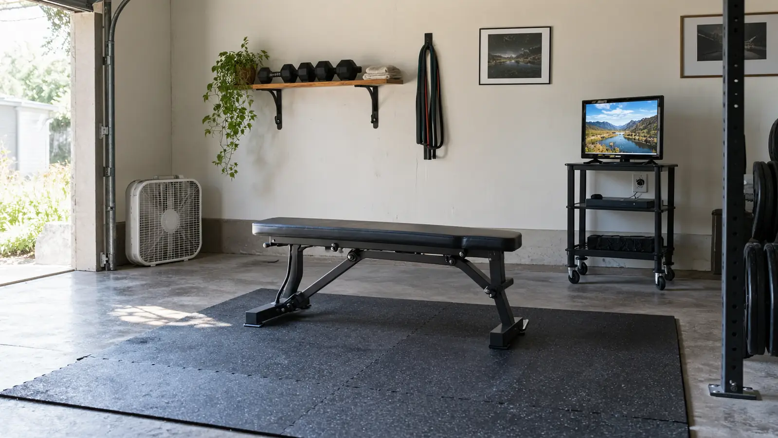 A half-garage home gym showing the footprint of a weight bench set up in the middle of rubber stall mats, with a box fan in the corner and a shelf on the wall