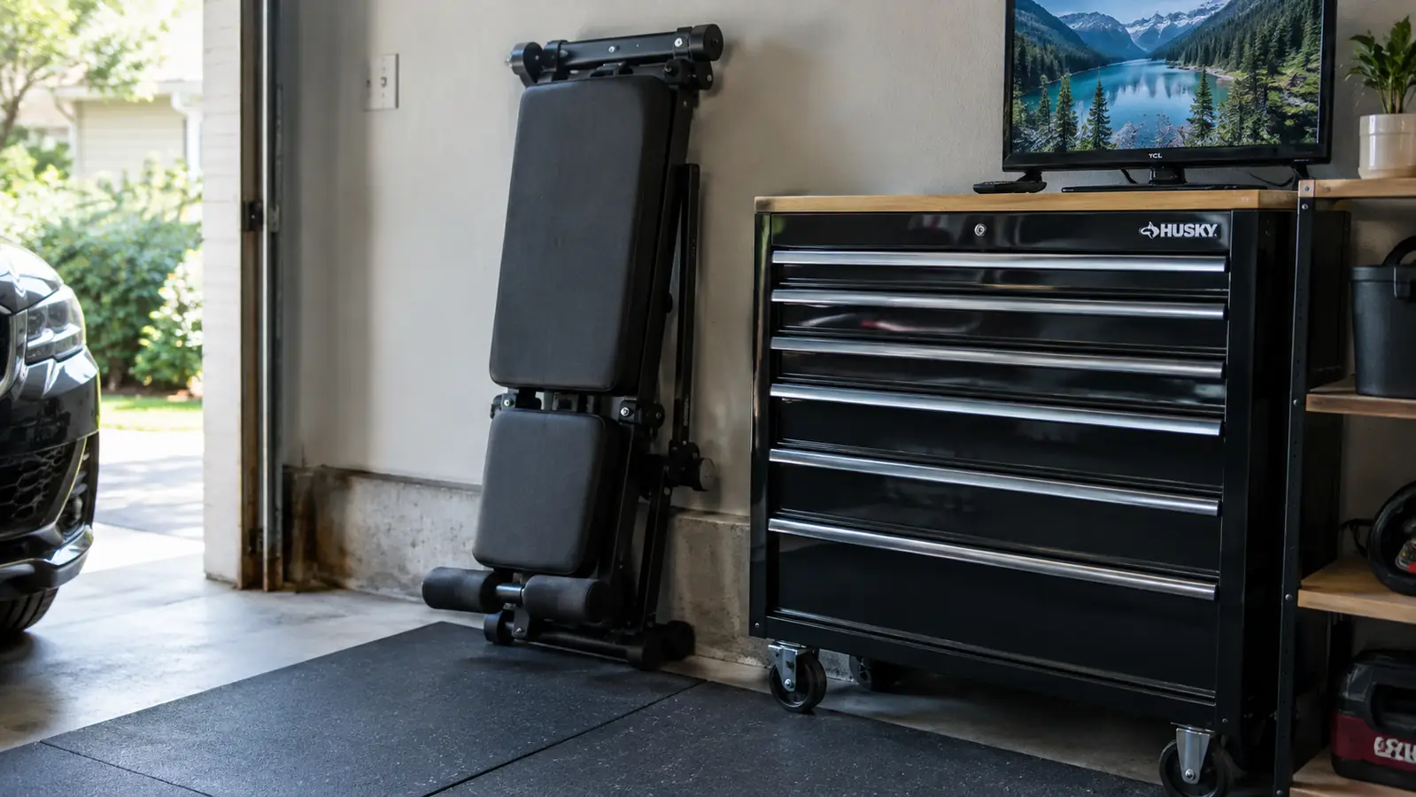 A folded weight bench leaning against a garage wall beside a tool cabinet, showing the floor space it saves