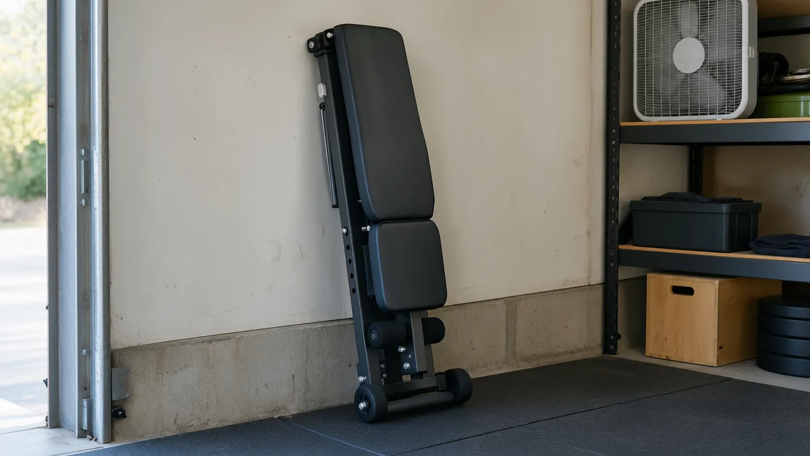 An adjustable weight bench folded and leaning against a garage wall with wheels on the front leg