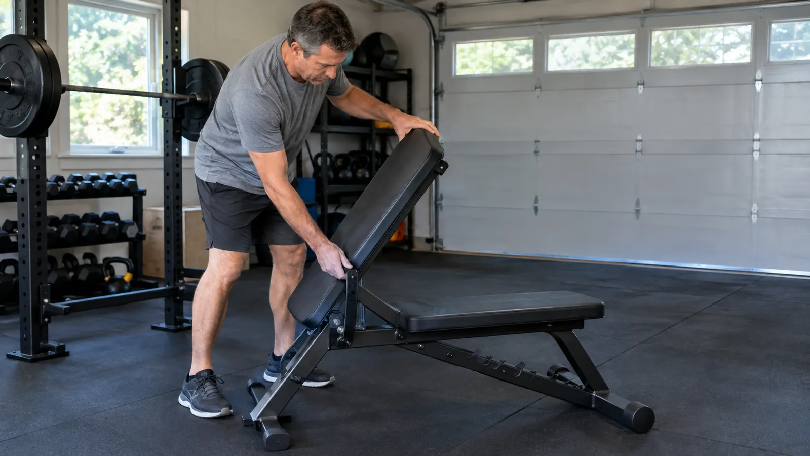 A man in his fifties adjusting the back pad angle on a weight bench in a garage