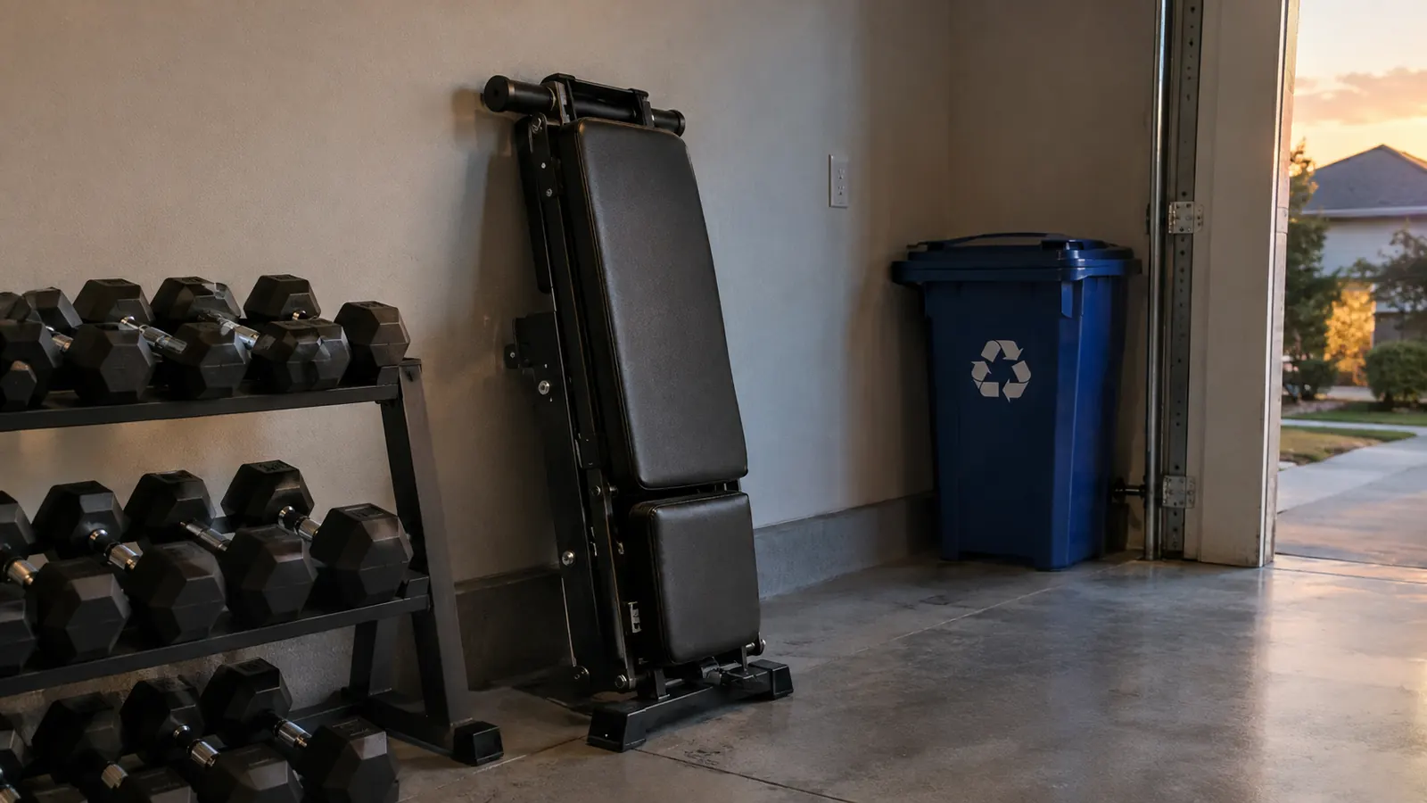 A folded weight bench leaning against a garage wall next to a dumbbell rack