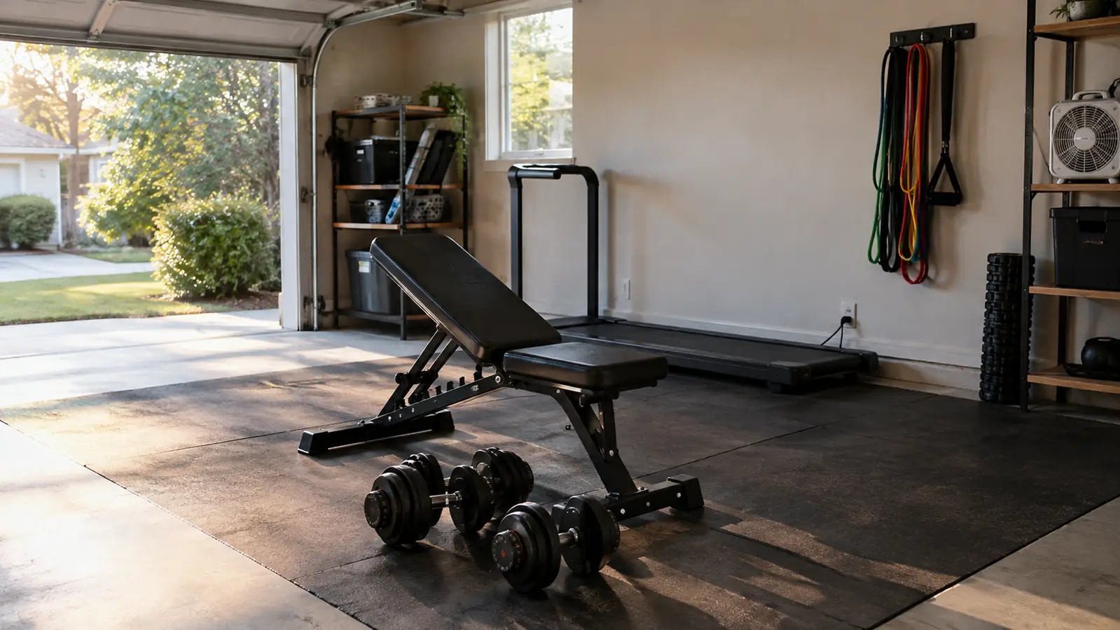 A tidy garage home gym with rubber floor mats, a folding weight bench, adjustable dumbbells and a walking pad in soft morning light
