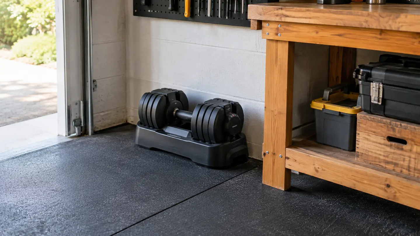 Adjustable dumbbell base tucked against a garage wall beside a workbench, showing how little floor space the setup takes