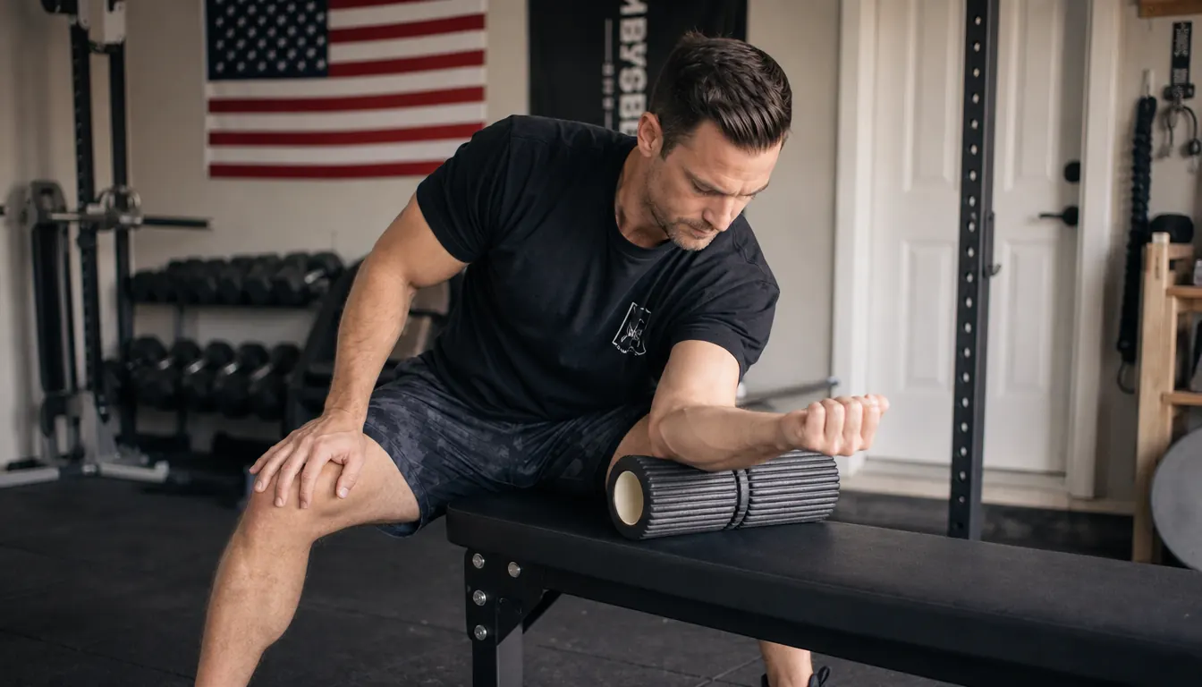 A person standing at a garage gym bench, pressing one hand on a foam roller placed on a bench to roll the forearm