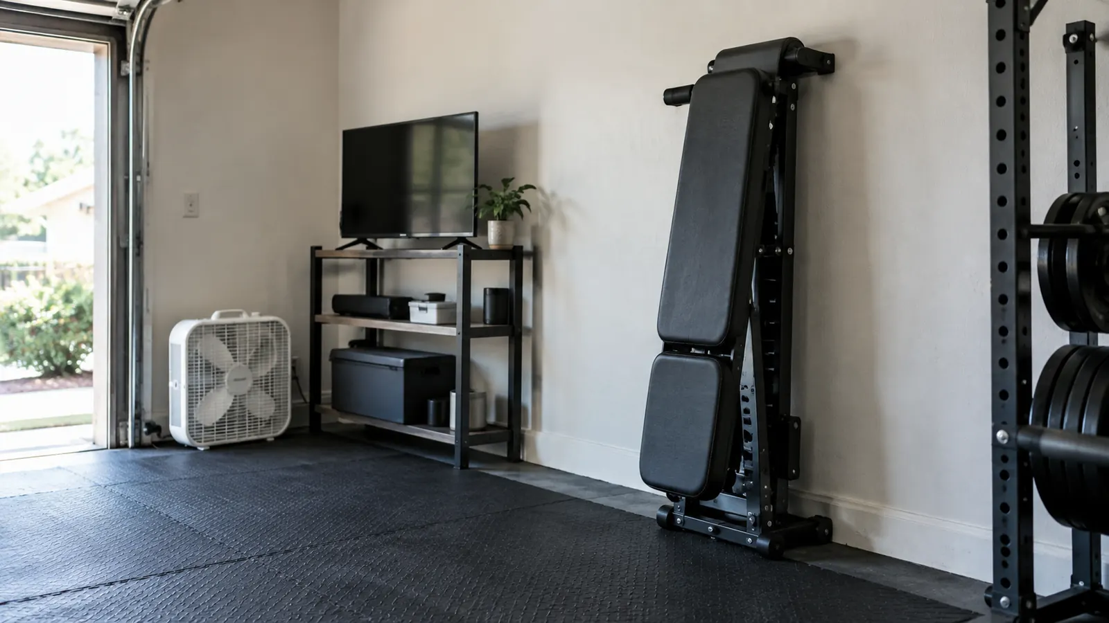 A folded adjustable bench stored upright against a garage wall next to rubber stall mats and a small shelf