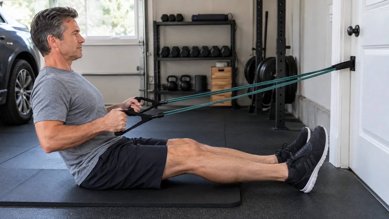 A person doing a seated row with a resistance band anchored to a door in a home gym