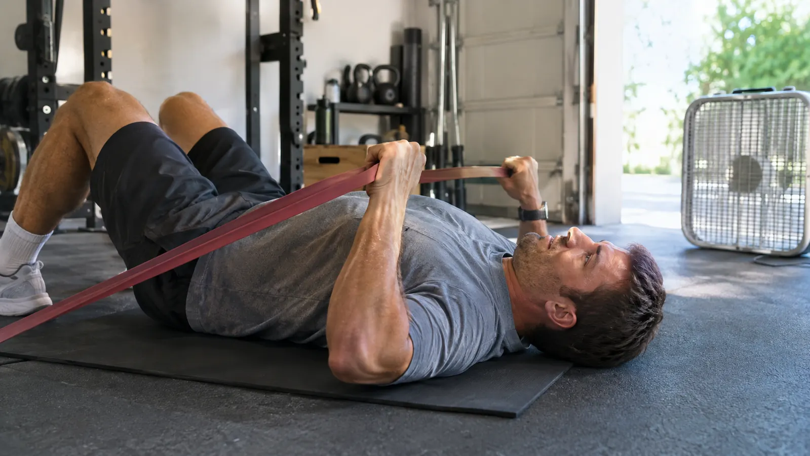 A person doing a banded chest press lying on a mat in a home garage gym