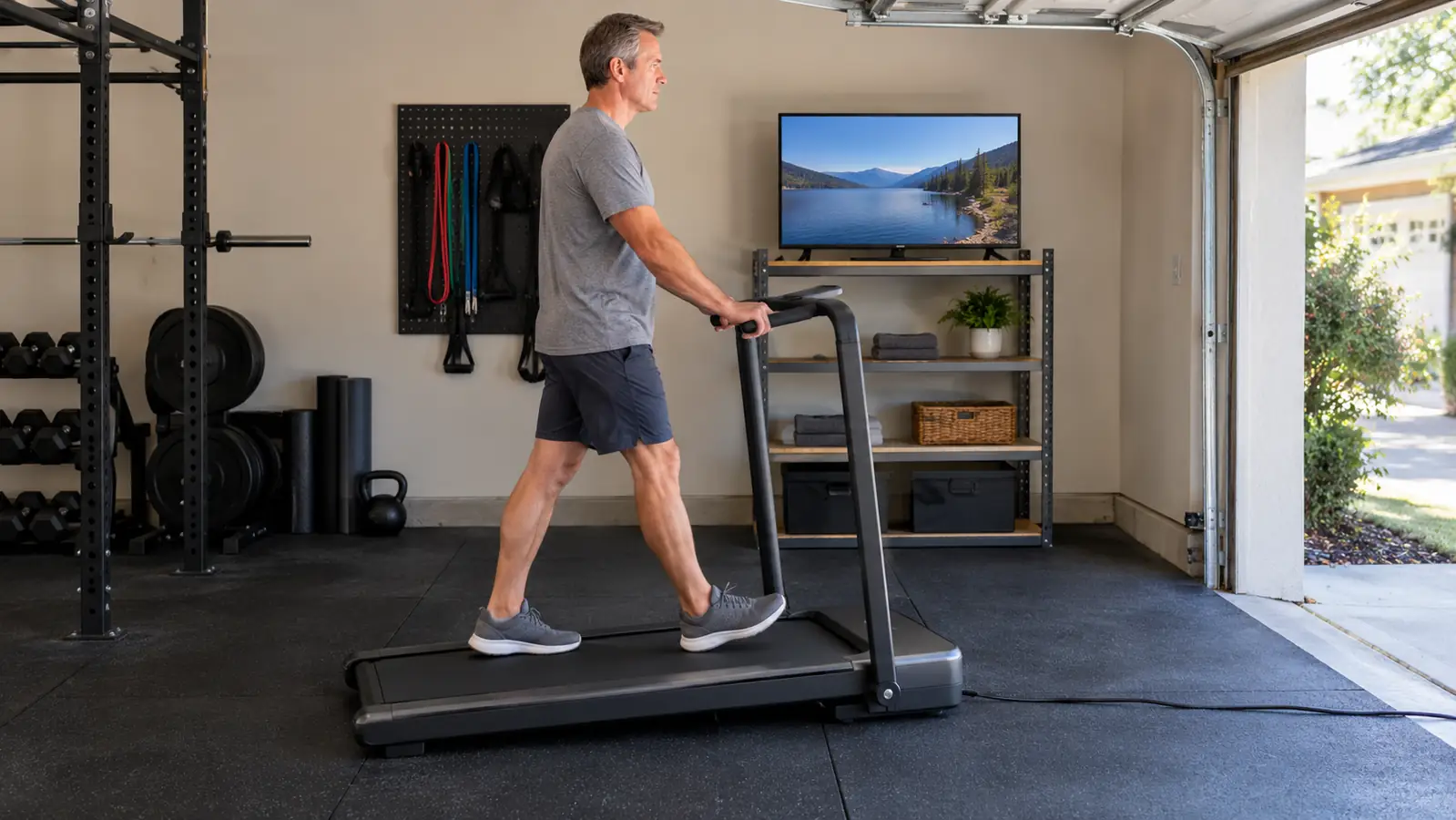 Close view of a walking pad with a handle bar set up on rubber mats in a garage, a small TV on a shelf nearby