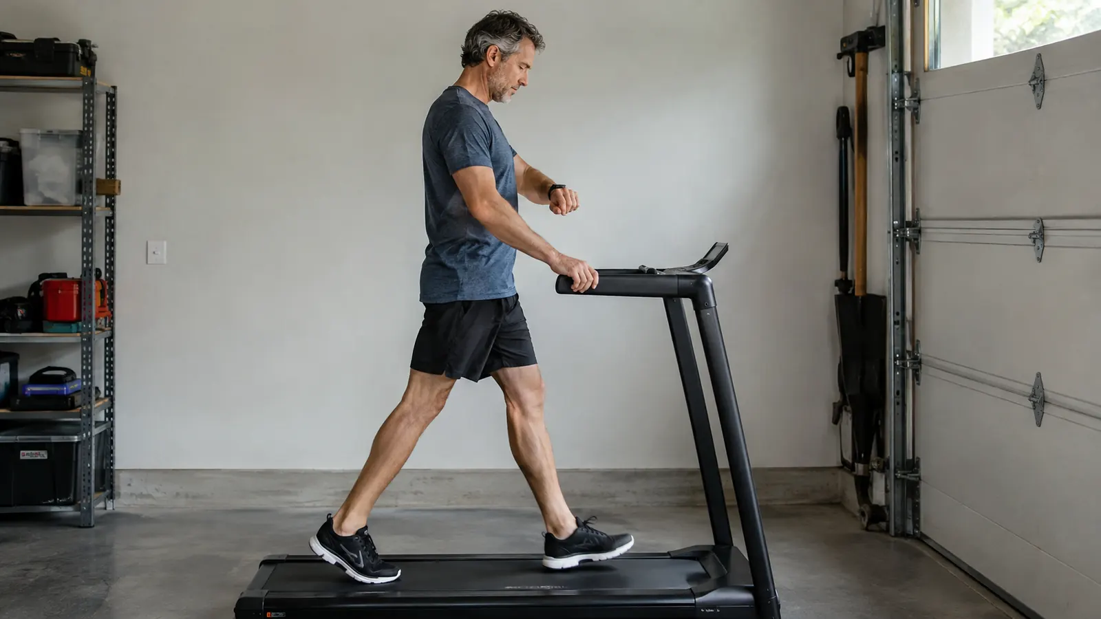 A man in his fifties checking his watch while walking on a walking pad in a garage
