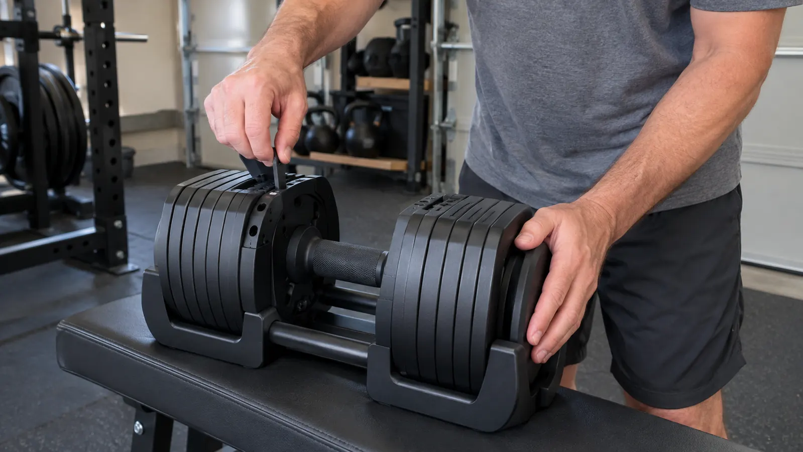 A hand changing the weight on a PowerBlock adjustable dumbbell resting on a bench in a garage gym