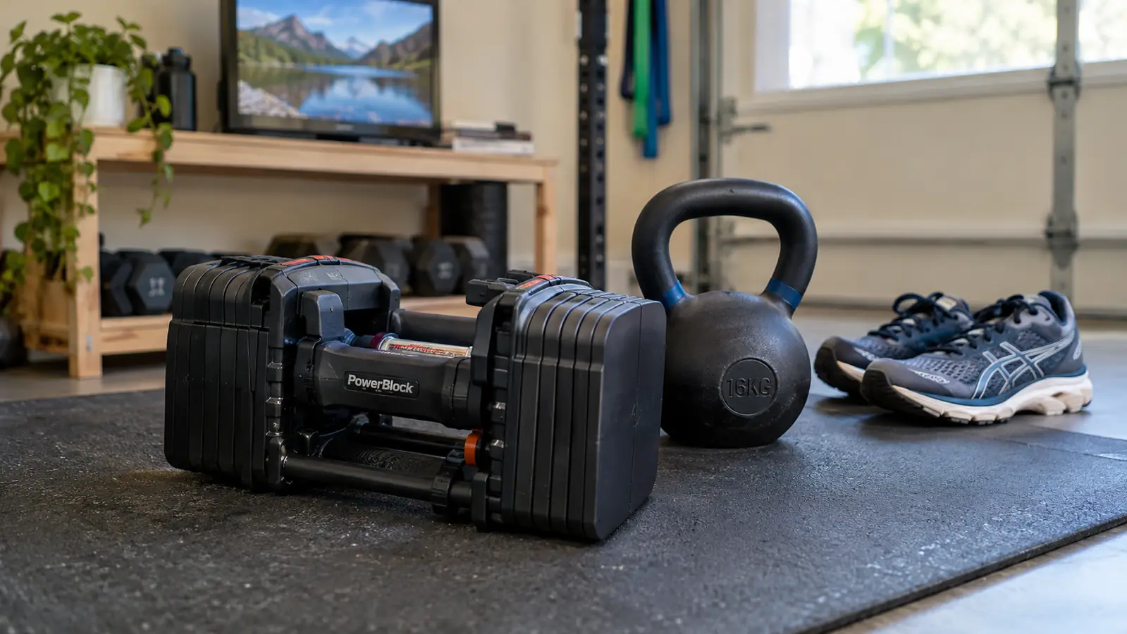 A PowerBlock dumbbell resting on a garage gym floor next to a kettlebell and a pair of running shoes