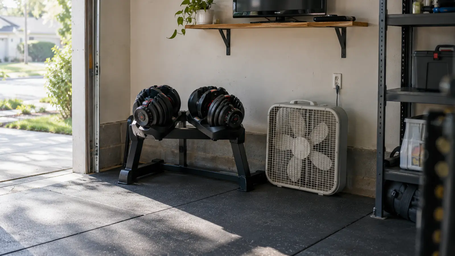 A pair of adjustable dumbbells resting on a low rack in the corner of a garage beside a box fan