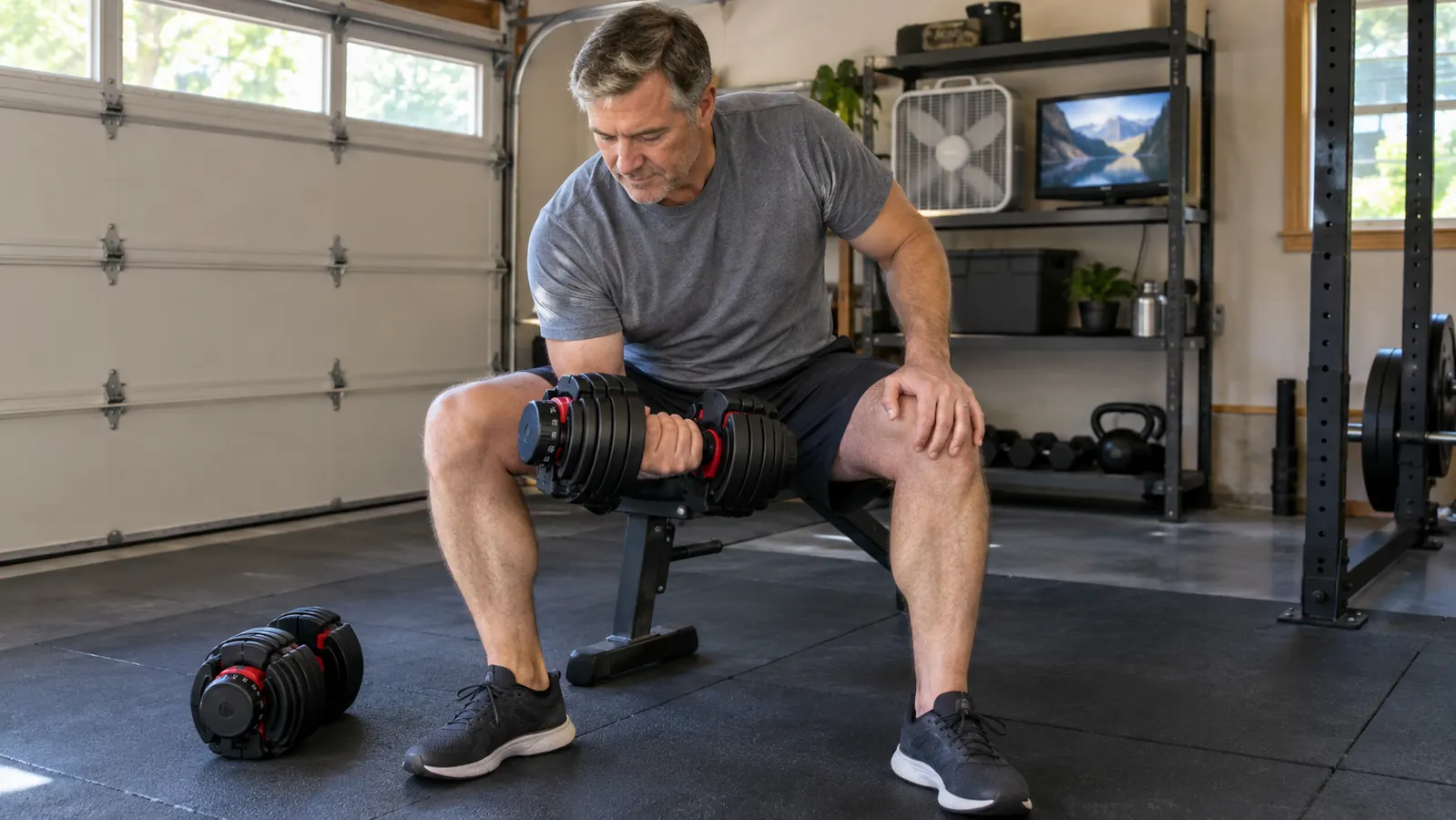 A pair of adjustable dumbbells resting on a rubber stall mat in a garage gym, with a box fan and a small TV on a shelf in the background