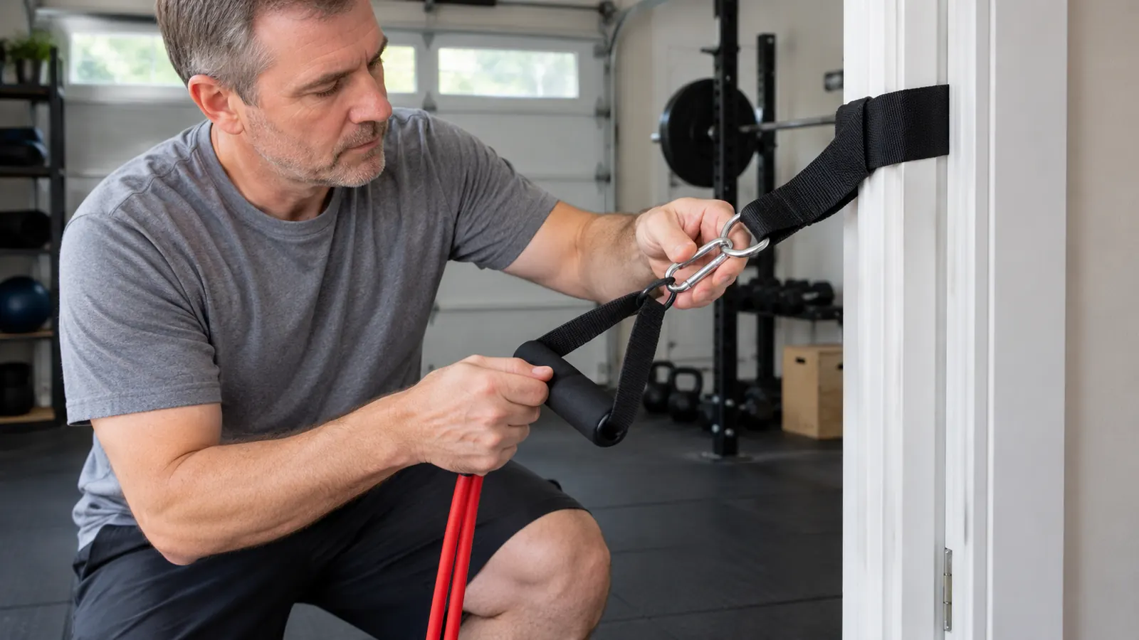 A hand attaching a resistance band handle to a door anchor mounted on a door frame
