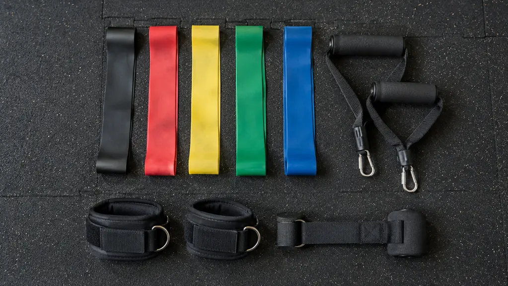 A resistance band set laid out on a garage floor with five bands, two handles, two ankle straps, and a door anchor