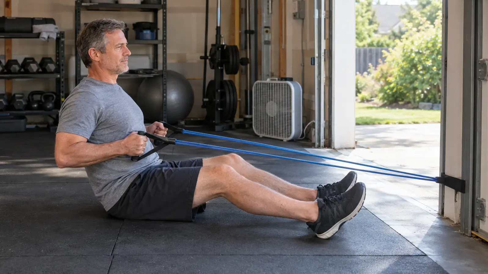 A man in his fifties doing a seated row with a resistance band anchored low on a door frame in a garage