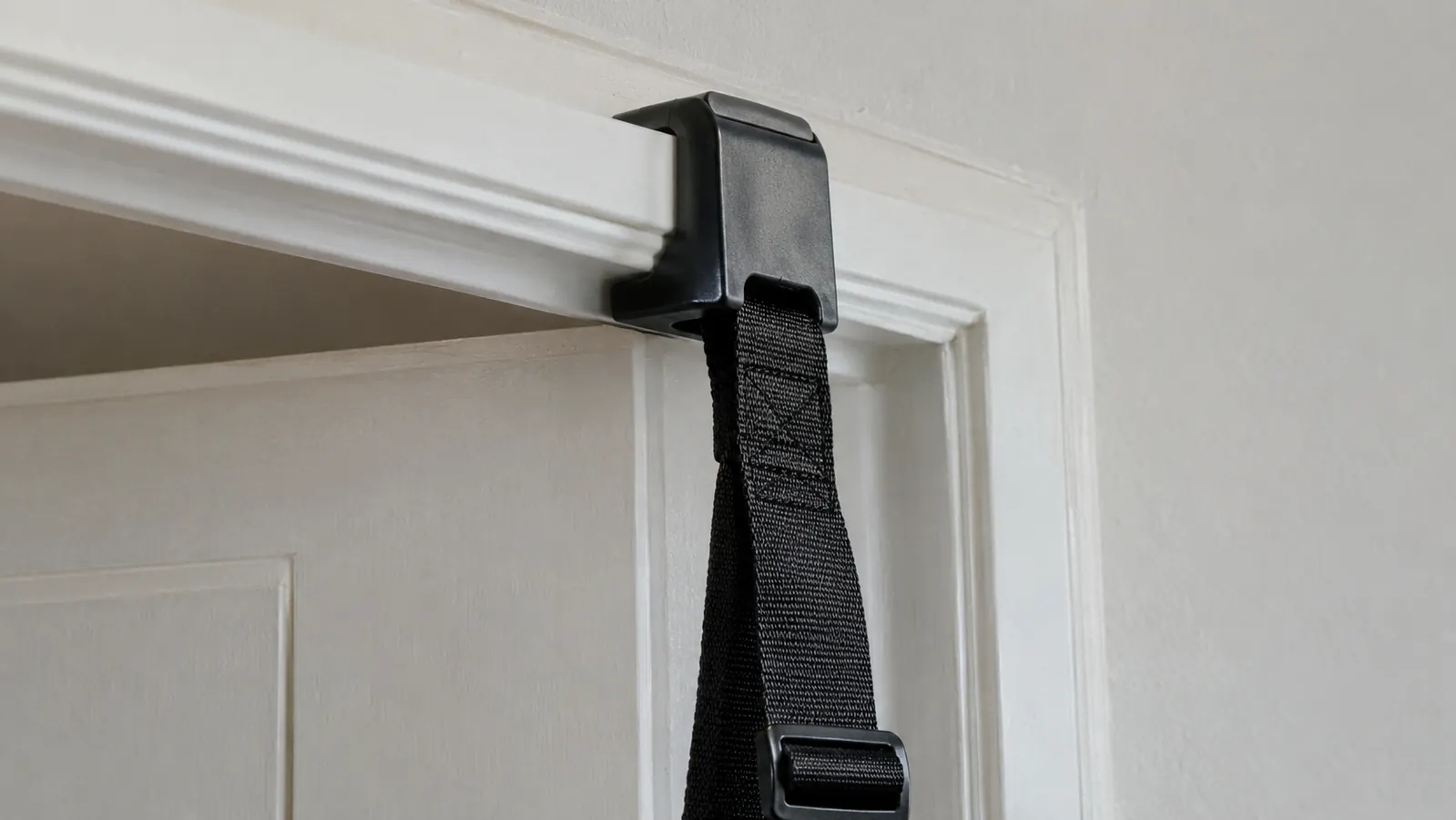 A door anchor wedged into the top of a door frame with the strap hanging down