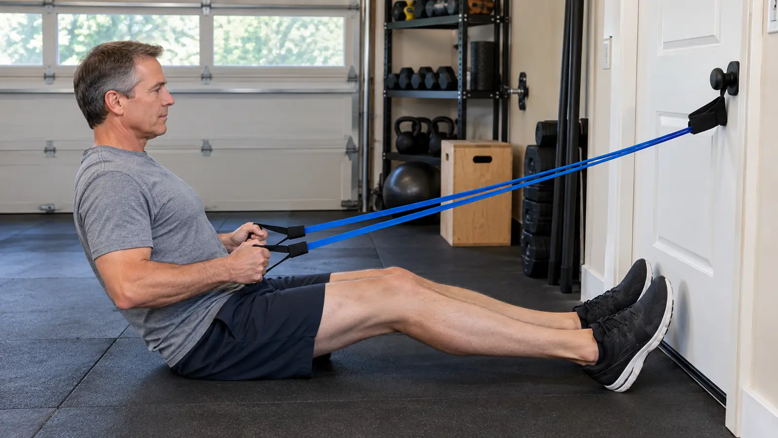 A man in his fifties doing a seated row with a resistance band anchored to a closed door in a garage