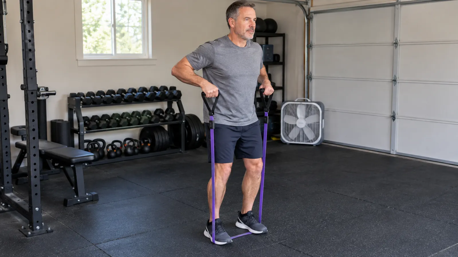 A man in his fifties standing on the middle of a resistance band, holding both handles at chest height, in a garage gym with rubber stall mats and a box fan