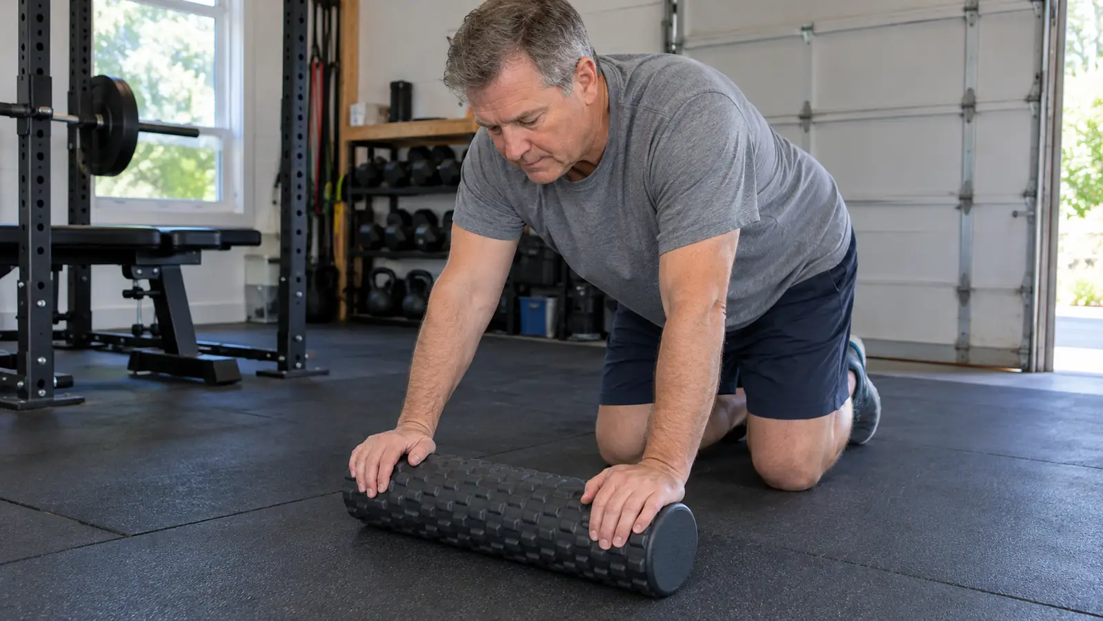 A man in his fifties kneeling on a gym mat with both hands on a foam roller on the floor in front of him