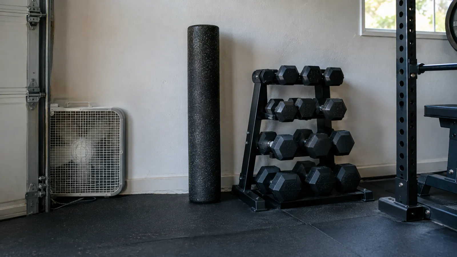 A foam roller standing upright next to a dumbbell rack in a home garage gym