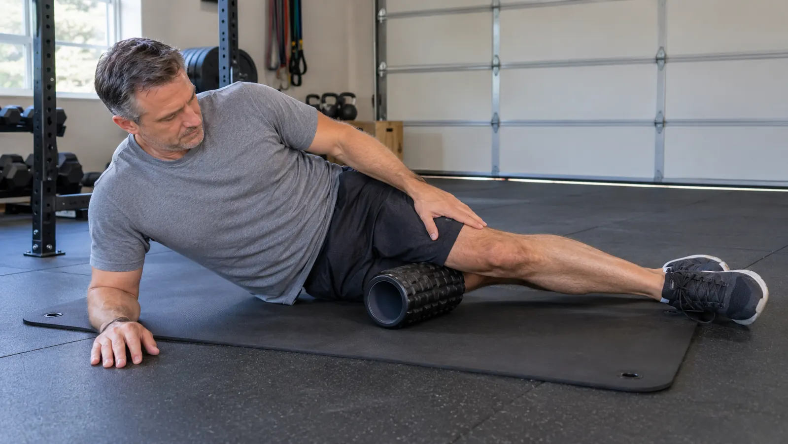 A hand pressing a foam roller down the outside of a leg while the person lies on a mat