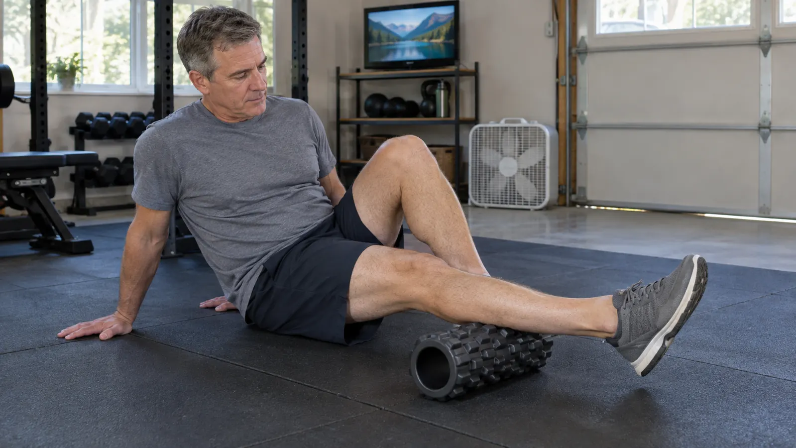A man in his fifties using a foam roller on his calf while sitting on a rubber mat in a garage