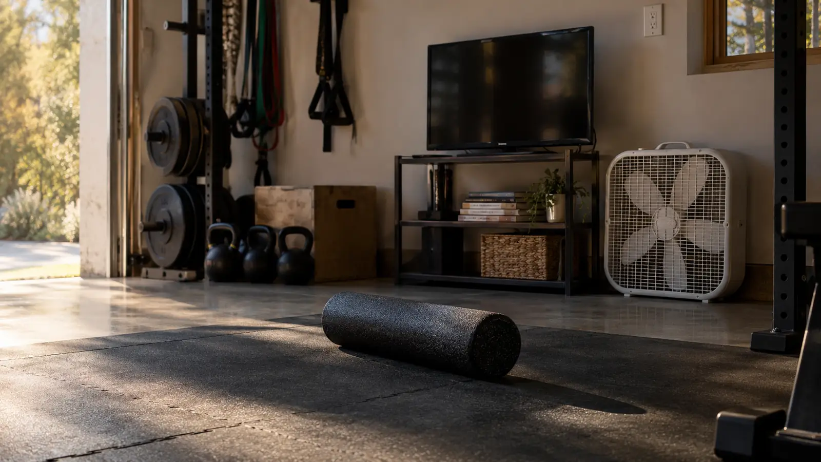 A foam roller resting on a rubber stall mat beside a small TV on a shelf in a home garage