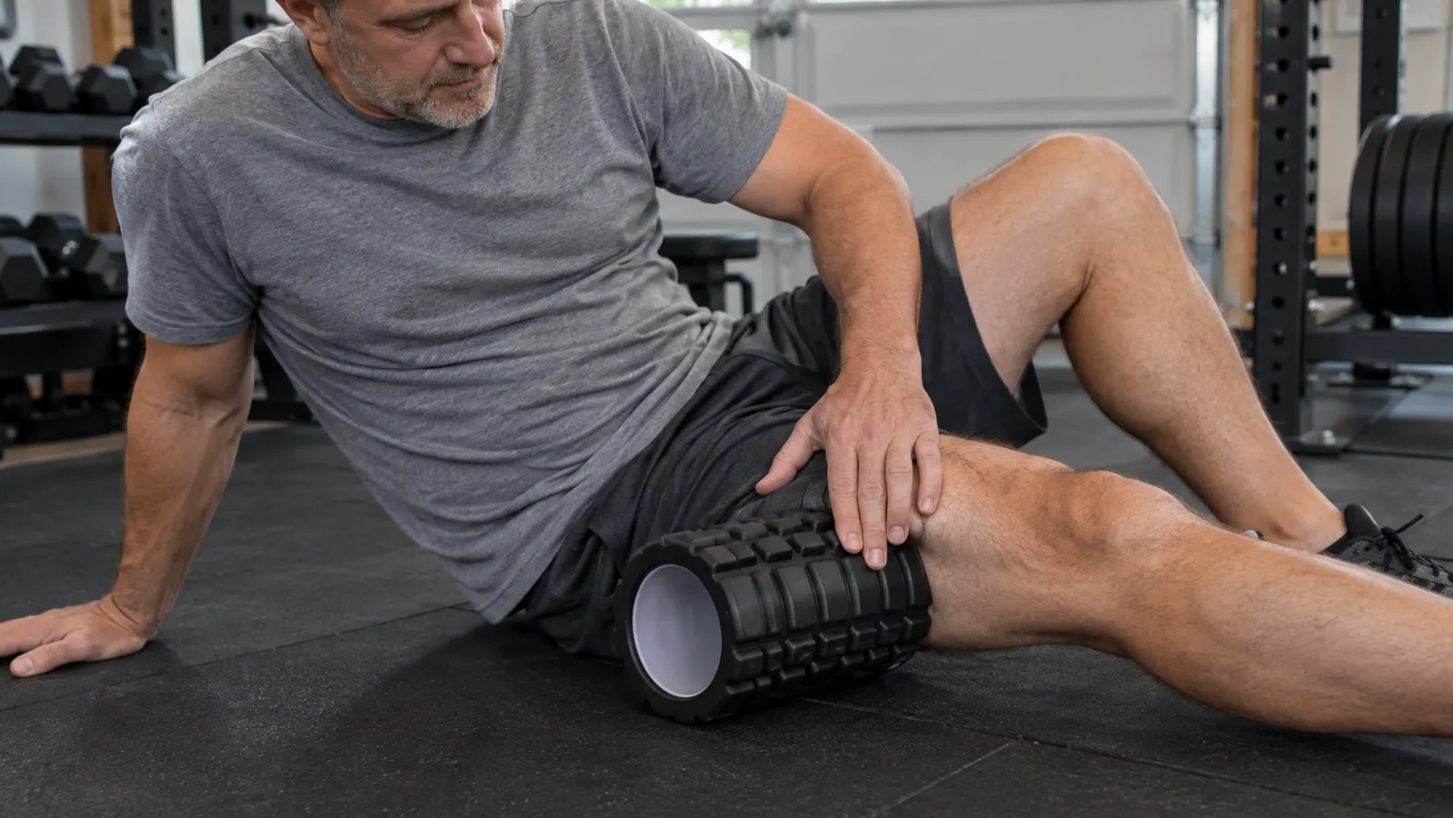 Hands pressing a foam roller into the front of a thigh while the person sits on a rubber stall mat in a garage.