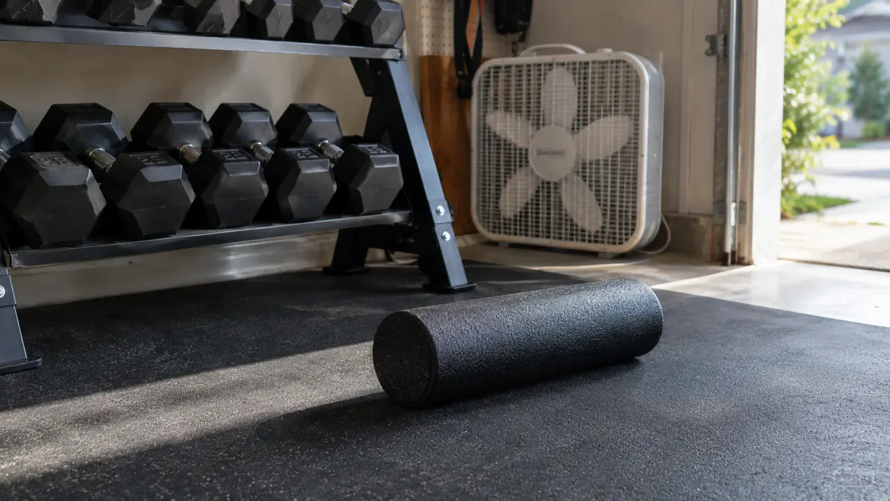 A foam roller resting on a rubber stall mat beside a pair of dumbbells in a home garage.