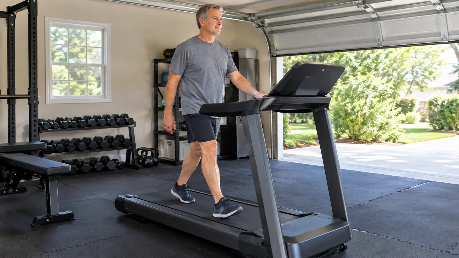 A man in his fifties walking on a folding treadmill in a garage, holding the handle bar