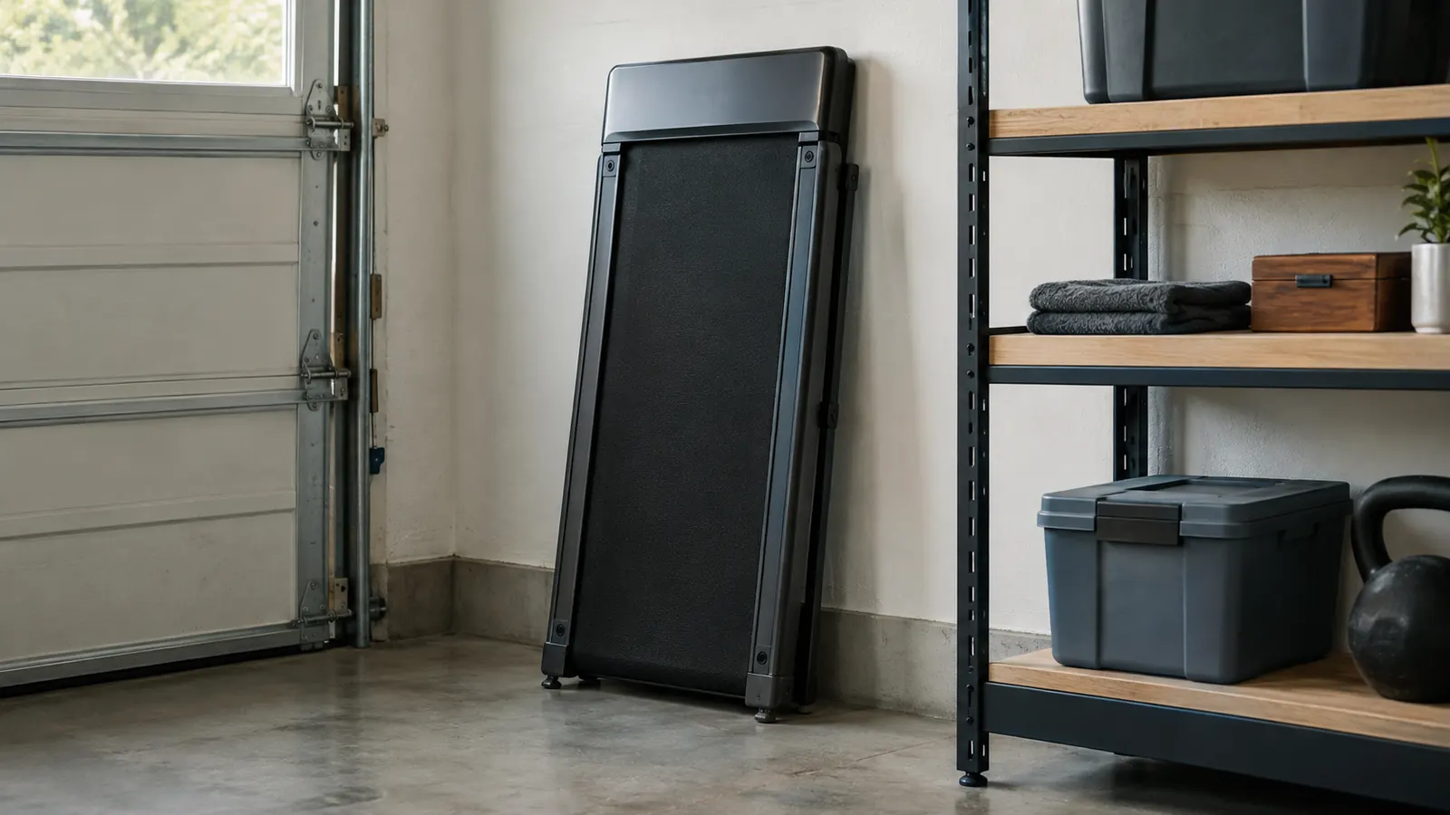 A folding walking pad folded upright and leaning against a garage wall, taking up little floor space