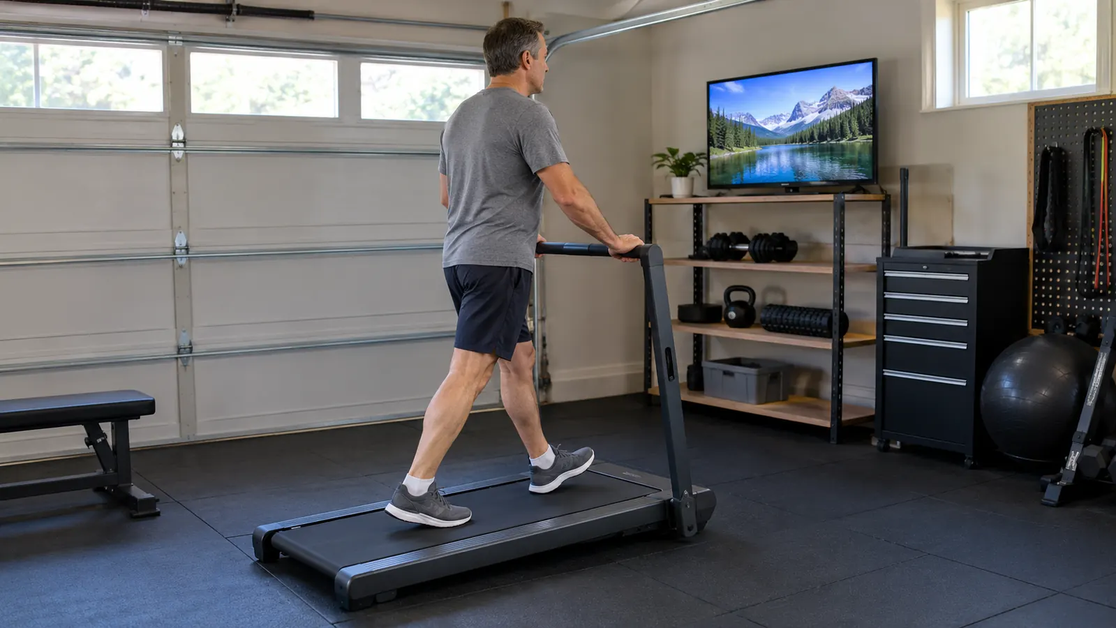 A person in casual clothes walking on a walking pad treadmill with a handle bar while watching a small TV on a shelf