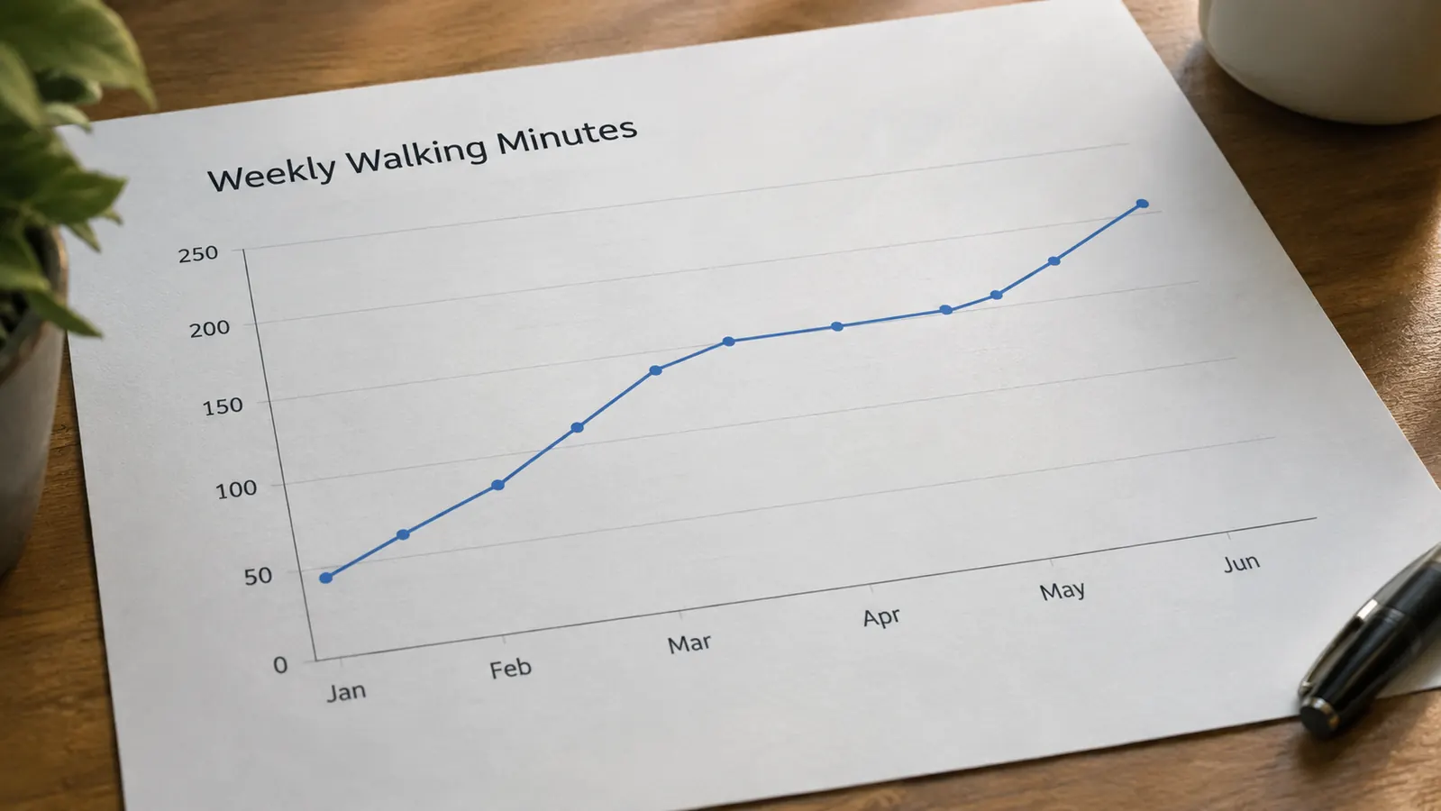 A simple line chart showing weekly walking minutes over six months, with a flat stretch in the middle