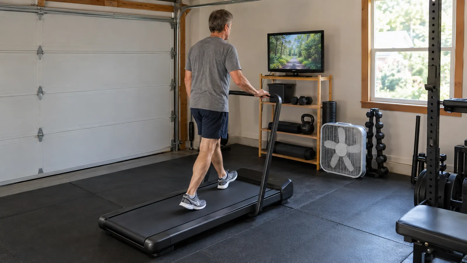A man in his fifties walking on the Viamotion walking pad while watching a small TV on a shelf in a garage gym