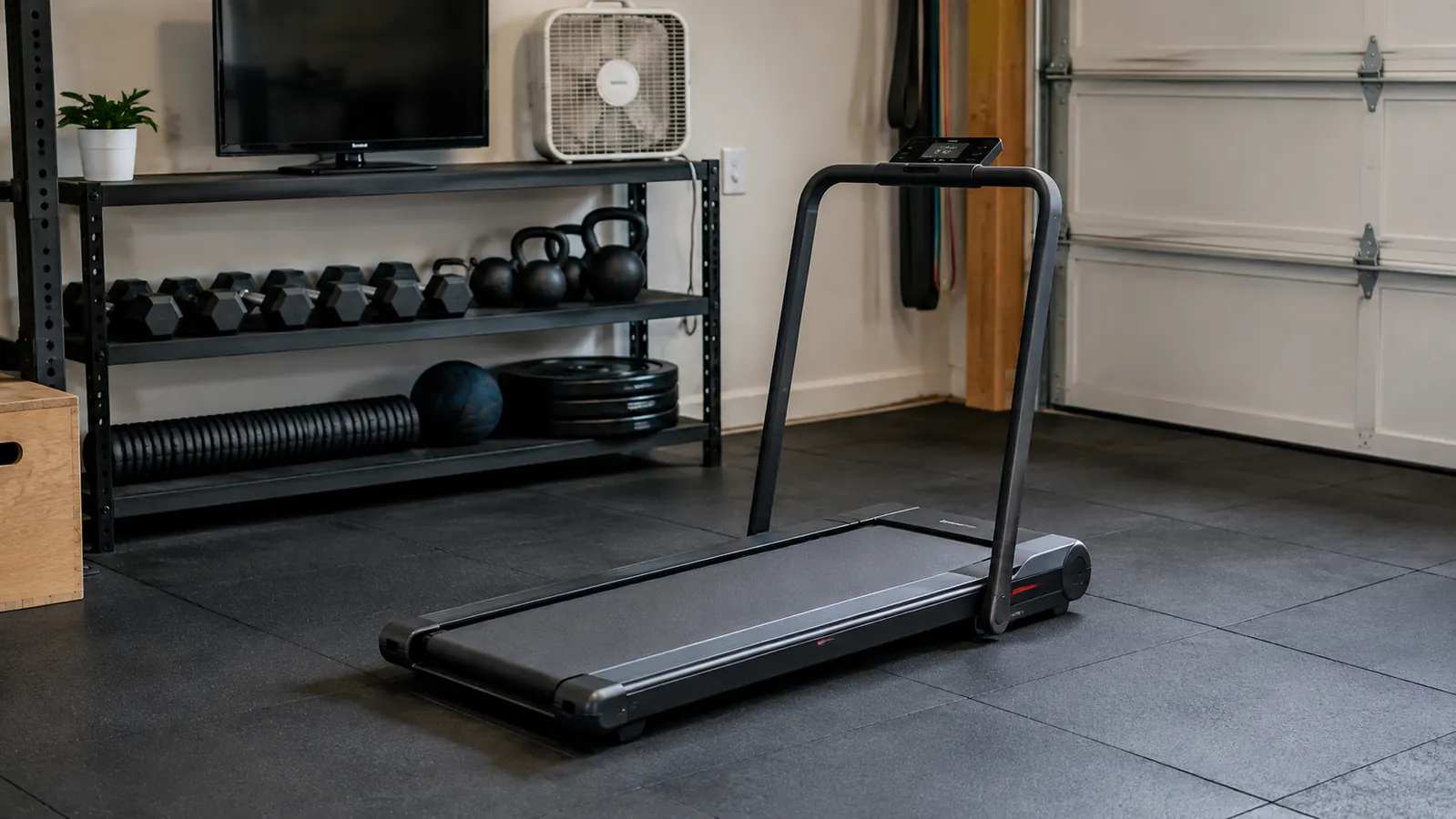 A compact walking pad with a handle bar standing on rubber stall mats in a tidy garage, with a small TV and a box fan on a shelf