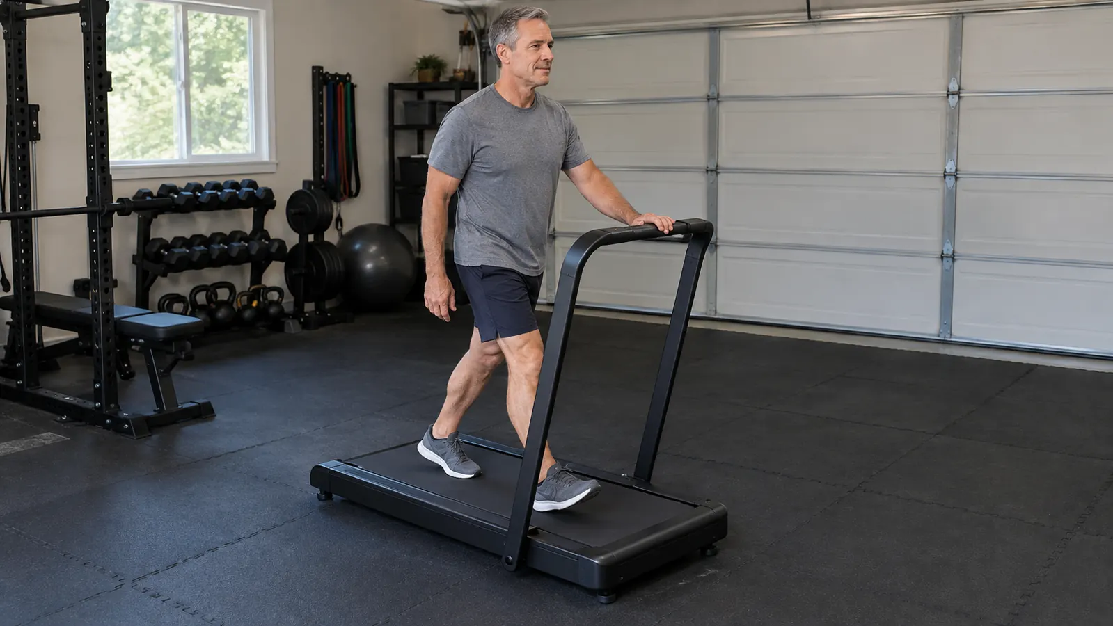 A man in his fifties walking on a walking pad treadmill while holding the handle bar