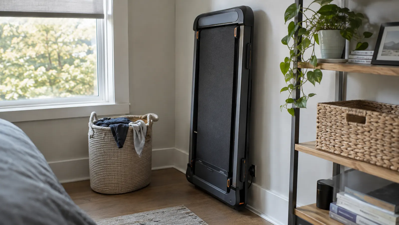 A walking pad treadmill folded and stored upright against a wall in a spare room